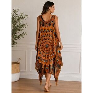 Peacock Print Cover Up Open Front Kimono Womens‎ OS Orange Boho Fringe Festival